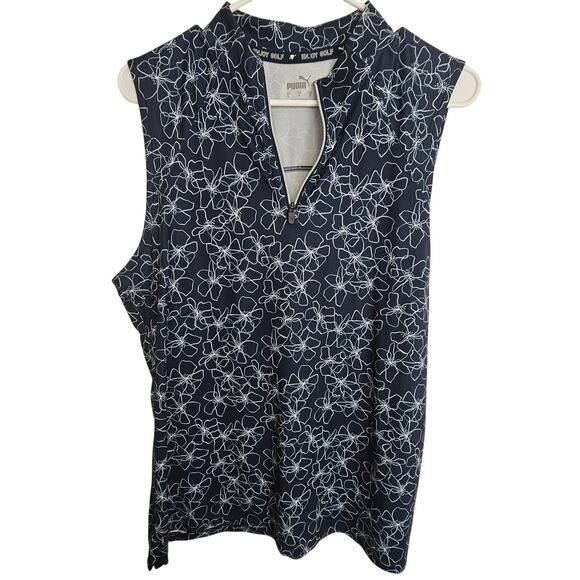 Puma Polo Shirt Women L Cloudspun Island Flower Sleeveless Golf Polo 1/4 Zip - Picture 1 of 6